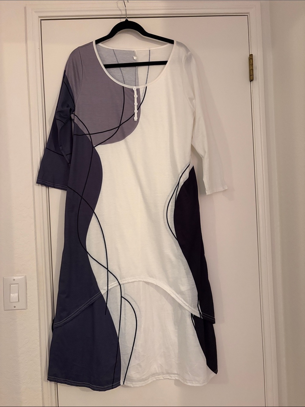 Women’s White, Blue and Gray Abstract Pattern layered Dress with pockets